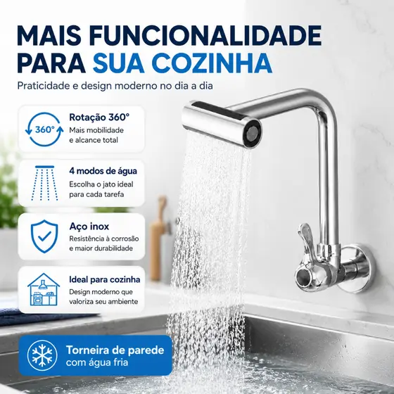 Torneira De Cozinha Água 4 Jatos Torneira Tubo Flexível Parede Cozinha para Pia de Cozinha Gourmet Flexível Inox metal