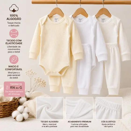 3 conjuntos canelado 100%algodao (3body+3calca/pijama)kit bebe com 6 peças RN/P/M/G