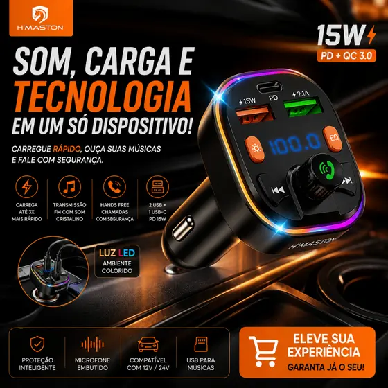 Transmissor FM Adaptador Veicular Bluetooth 5.0 Carregador Áudio Estéreo MP3 Player Turbo 3 Em 1