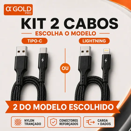 Kit 2 Cabos Alpha Gold Pro USB-A Tipo-C ou Lightning iPhone Turbo 5A Reforçado 1m Carga Rápid