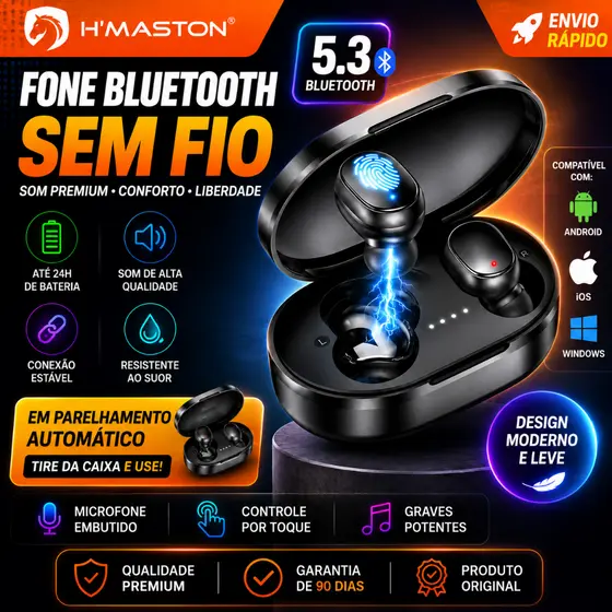 Fone De Ouvido Sem Fio Wireless H’maston RS-27 Bluetooth 5.3 Fone TWS Sport Estéreo Com Microfone