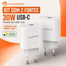 Kit 2 Carregadores 30W USB-C H'Maston Fonte PD Homologada Anatel iPhone 11 ao 17 Android Carga Rápida