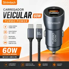 Carregador Carro Veicular Automotivo Turbo 60W USB-C PD QC3.0 2 Portas Carga Rápida Universal 12V24V