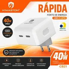 Fonte Tipo-C 2 Saidas USB-C 40w H'maston Homologada Carga Rapida