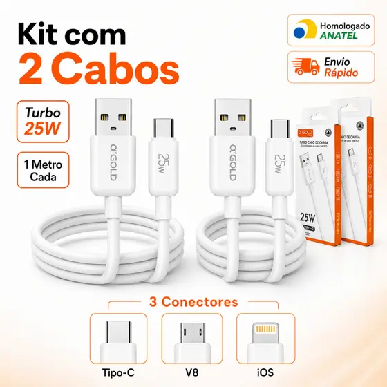 Cabo De Carregador Kit Com 2 Cabos Tipo-C/V8/Iphone 25w Premium Turbo Carga Rapida