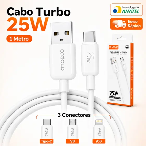 Cabo De Carregador Celular Tipo-C/V8/IOS 1M 25w Turbo