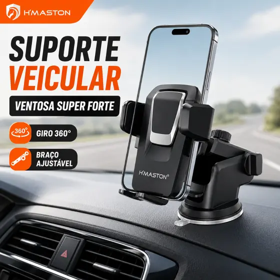 Suporte Celular Para Carro H'Maston Ventosa Painel Parabrisa Ajustável 360° GPS Uber Táxi Universal