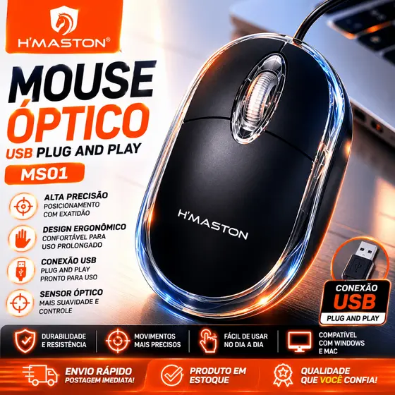 Mouse Com Fio Confortável Silencioso H'maston MS01 1000 Dpi 3 Botões com Led Portatil