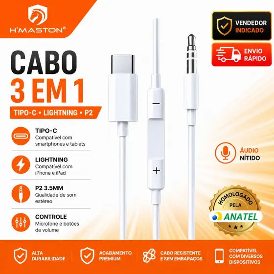 Cabo de Áudio Auxiliar Tipo C para P2 3.5mm Adaptador De Entrada De Fone De Ouvido e Caixa de Som