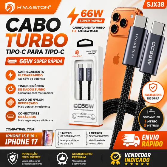 Cabo Carregador Turbo Usb-C Para Iphone 15 ao 17 Pro Max 1M e 2M Suporta 66W
