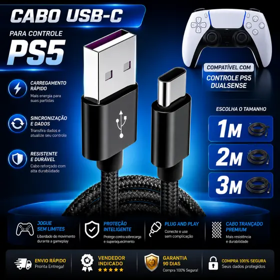 Cabo Carregador Para Controle PS5 E Xbox Series Usb Tipo C Longo 1, 2 E 3 Metros