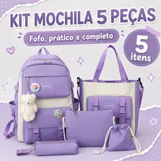 Conjunto Mochila Feminina Kit 5 Peças com Bolsa Tote Necessaire Estojo e Saco de Cordão Resistente à Água Multifuncional