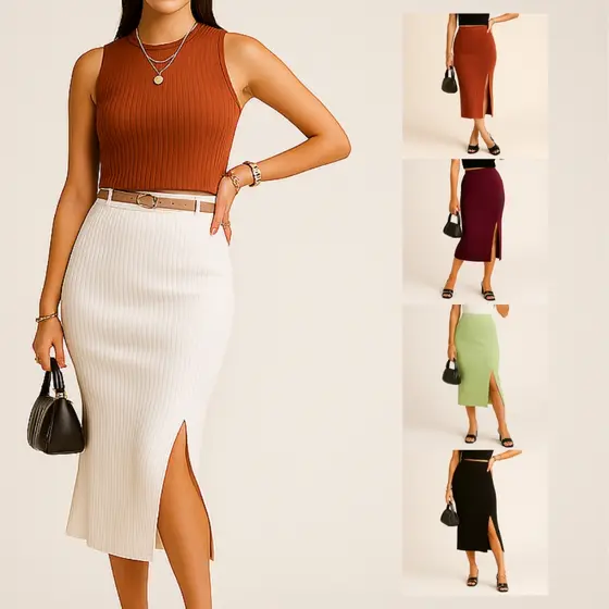 Kit 3 Saia Midi Femina Malha canelada Com Elastano Cintura Alta