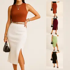Kit 3 Saia Midi Femina Malha canelada Com Elastano Cintura Alta