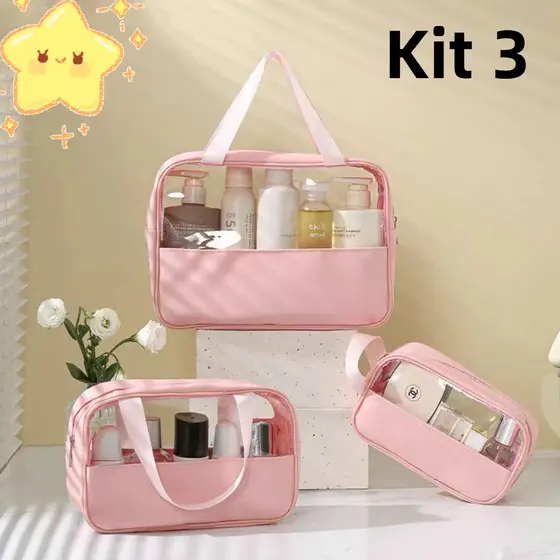Kit 3 Necessaires Transparentes para Viagem - Organize Cosméticos e Produtos de Higiene Pessoal