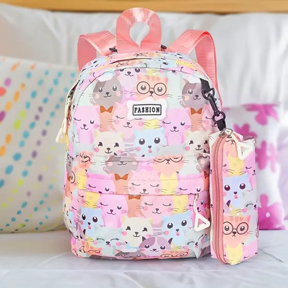 Kit Mochila e Estojo Infantil Feminina Estampa de Gatinho Confortável e Resistente