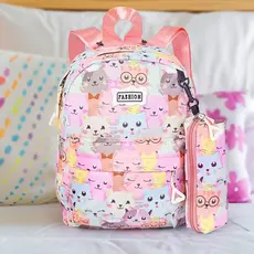 Kit Mochila e Estojo Infantil Feminina Estampa de Gatinho Confortável e Resistente