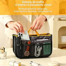 Organizador de Bolsa com Alça, Compartimentos em Malha, Bolsa Interna Multifuncional para Maquiagem, Viagem e Uso Diário