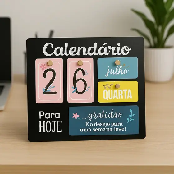 Calendário de Mesa Decorativo de Madeira com Plaquinhas Permanente Colorido Escritório