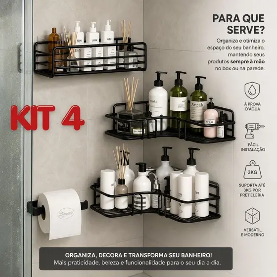 Kit 4 Suportes Organizador De Banheiro Metal Adesivo Organizador De Parede Sabonete Shampoo e Papel