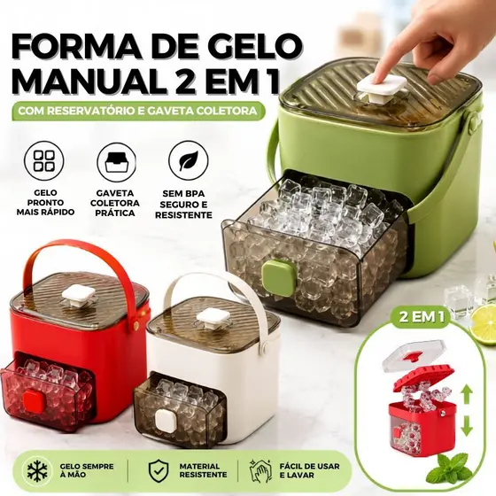 Balde de Gelo com Forma Integrada e Gaveta Removível Plástico Resistente Compacto para Cozinha e Festas
