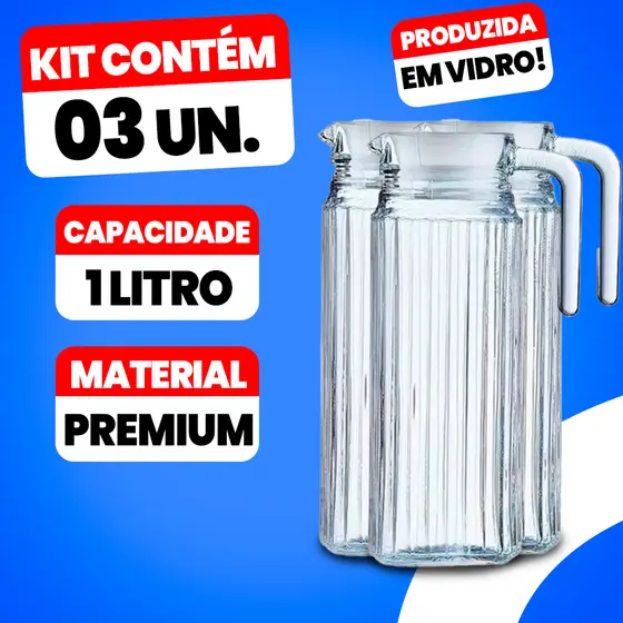Kit 3/2/1 Jarras de Suco Água Vidro Transparente 1 Litro com Tampa