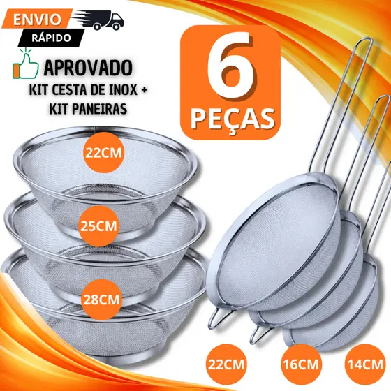 Kit 6 Peças Cesta Escorredor e Paneiras Em Aço Inox Utensílio Para Massas Legumes E Frituras Sucos