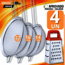 Kit 04 Peças - 3 Peneiras Coador Manual Em Aço Inox Para Cozinha 14CM  16CM 22CM + 1 Ralador 4 Faces