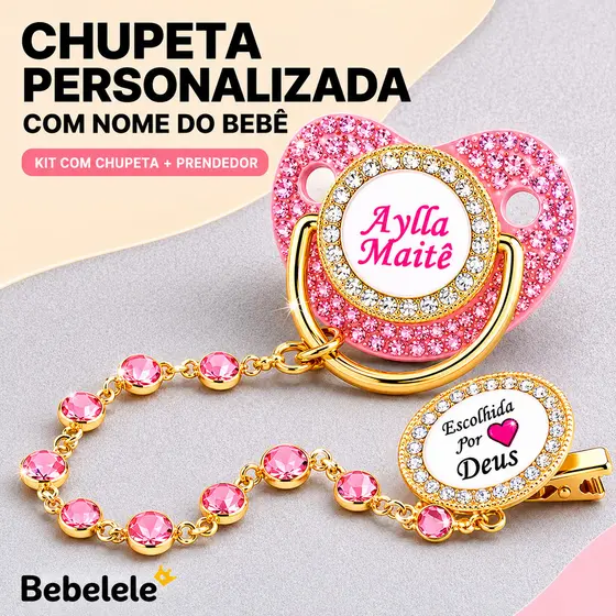 Chupeta de bebê rosa com diamante, inclui clipe de fixação, nome e foto personalizados