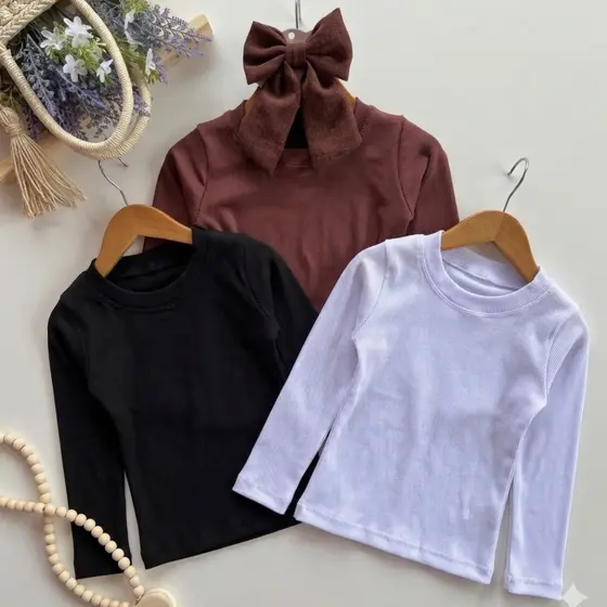 Kit 3 blusa blusinha feminina manga longa térmica infantil 3 a 11 anos Camisetas Juvenil