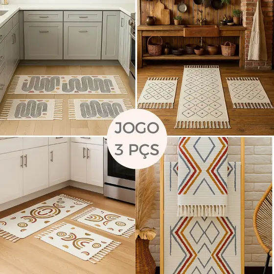 Jogo 3 Tapetes Cozinha Algodão 100% com Passadeira Geométrica Decorativa Para Pia, Fogão, Corredor e Área Gourmet