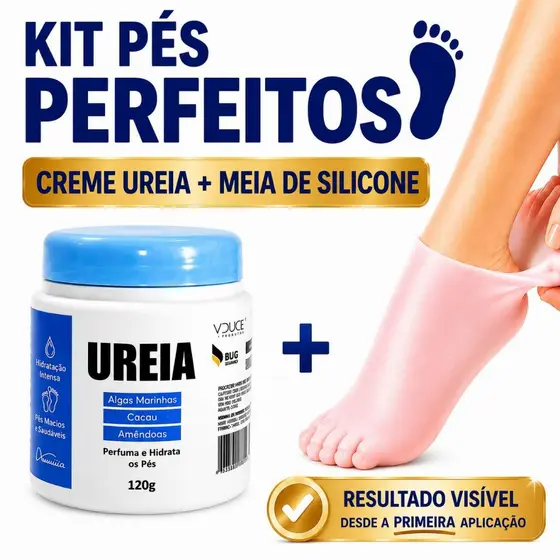Kit Pés Perfeitos Creme Ureia 120g + Meia Silicone Hidratante Remove Rachaduras Pés Secos Ásperos E Ressecados