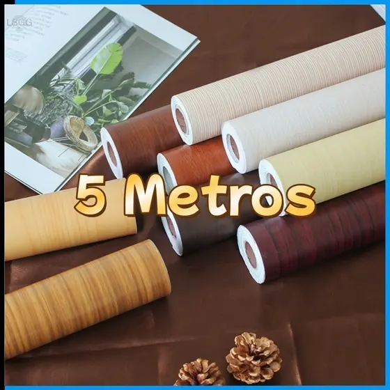 Papel de Parede Madeira 3D Autoadesivo 5m x 45cm Removível Lavável Decoração para Sala Quarto Móveis Geladeira