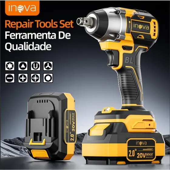 INOVA Kit Chave De Impacto 3 em 1 20v Brushless 1/2pol Profissional Com 30 peças