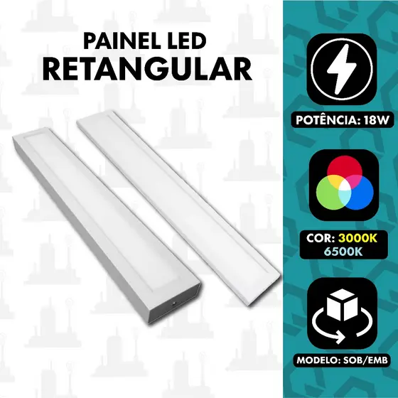 Painel Plafon Retangular Led 10x60 18w Embutir/Sobrepor 3000k/4000k/6500k  FABRICA UM