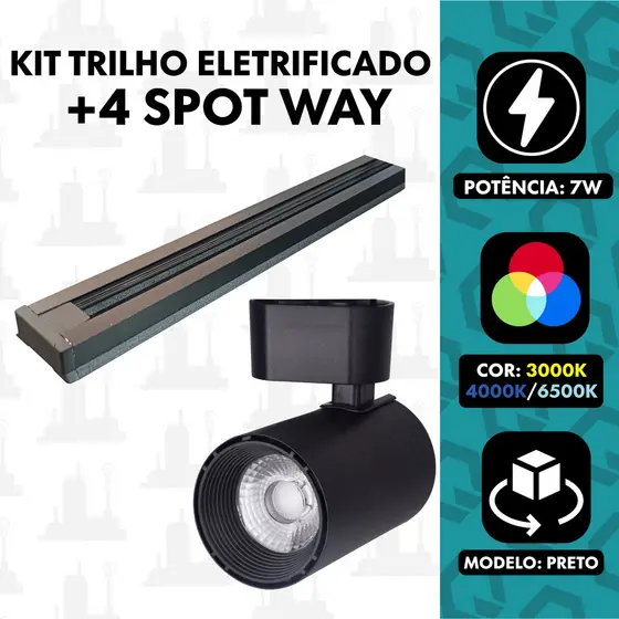kit Trilho Eletrificado 1m + 4 spots 7w 10w Preto Luz Branco 6500k/Neutro 4000k/Amarelo 3000k