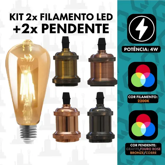 Kit 2 Pendente aluminio Retro Vintage + Lâmpada Filamento led 4w St64 Soquete E27  FABRICA UM
