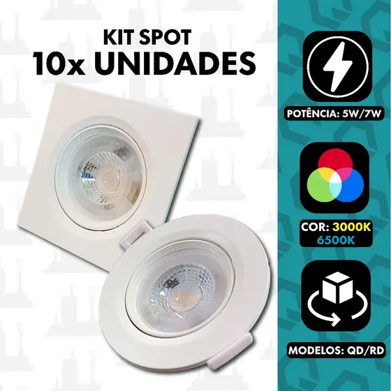 Kit 10 Spot led 5w 7w Luminária Bivolt Direcionavel Quadrado Redondo Embutido Teto Sanca FABRICA UM