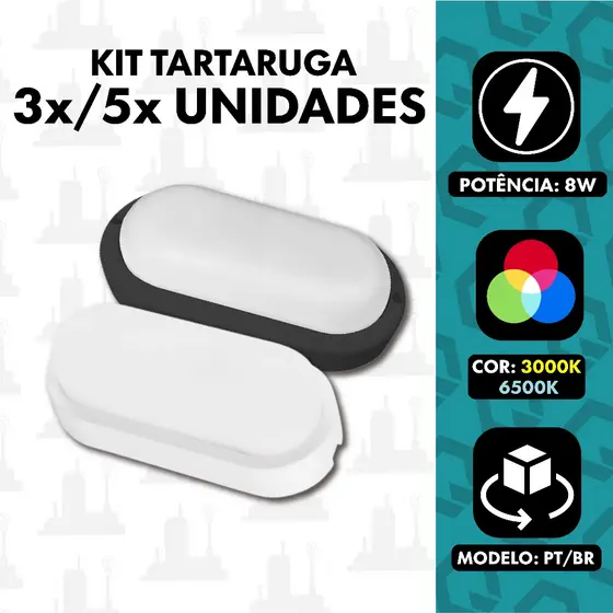 Kit 3 e 5 Luminária Tartaruga Led Oval 8W Apollo Preto ou Branco 3000K/6500K FABRICA UM
