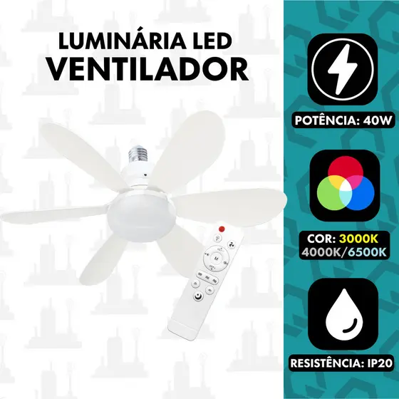 Luminária Ventilador de Teto LED 60w/80w Controle Remoto 3 Velocidades 3 Cores