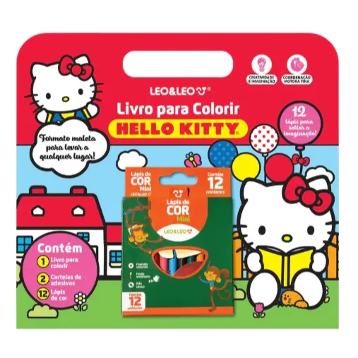 LIVRO DE COLORIR HELLO KITTY + 12 LÁPIS DE COR + ADESIVOS
