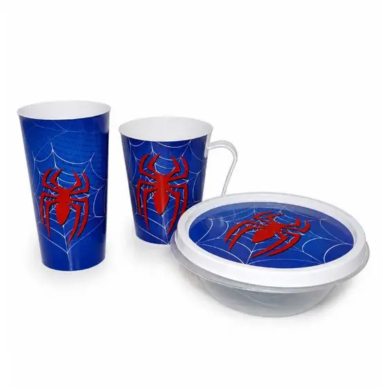 Kit Primeira Refeição Aranha Prato Copo 350ml Colher Plástico Criança Infantil Creche Merenda