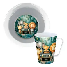 Kit Primeira Refeição Safari Prato Copo 350ml Plástico Criança Infantil Creche Merenda