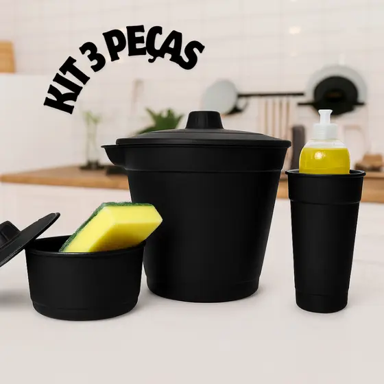 Kit Pia 3 Peças Cozinha Lixeira Lixinho Porta Sabão Detergente e Esponja Bucha