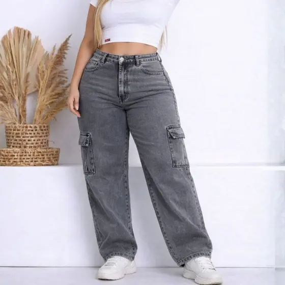 Calça Cargo jeans feminina Calça Plus Size Wid Leg Cargo Cintura Alta Jeans Lisa 34 ao 56