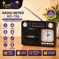 Rádio Vintage Bluetooth Portátil AD-136 | Caixa de Som FM/AM/SW com Relógio Analógico