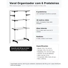 Varal De Chão 3 Andares Dobrável Com Bandejas Cabideiro Preto Organizador Roupas