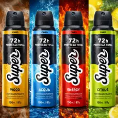 Desodorante Antitranspirante Aerosol Super 72h Proteção Total 150ml – Wood | Acqua | Energy | Citrus