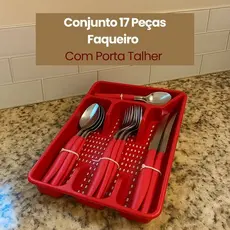 Conjunto Talheres Aco Inox 17 Pecas Completo Porta Talher Vermelho Cozinha