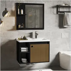 Conjunto Gabinete 60cm Adonis Preto Ripado com Espelheira e Cuba para Banheiro